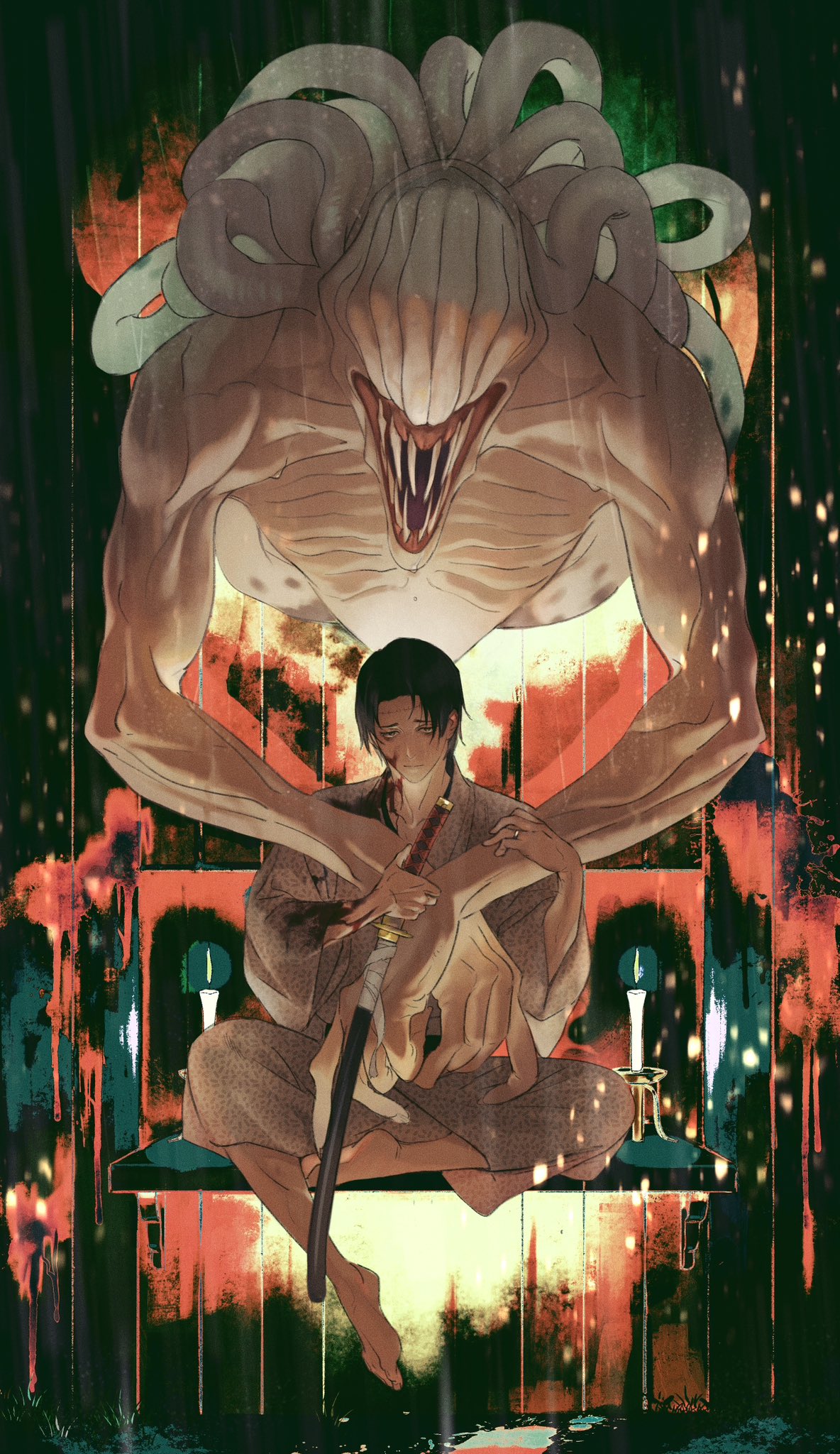 1boy, barefoot, black_hair, blood, blood_on_face, full_body, highres, holding, holding_sword, holding_weapon, japanese_clothes, jewelry, jujutsu_kaisen, kimono, naspibon_ox, okkotsu_yuuta, orimoto_rika, rain, ring, sheath, sheathed, short_hair, sitting, stitched_forehead, sword, toes, weapon, wedding_ring
