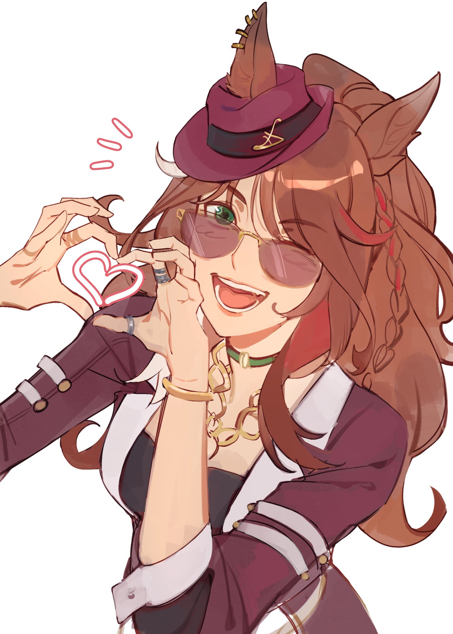 1girl, animal_ears, black_shirt, bracelet, braid, breasts, brown_hair, chocoyanstickz