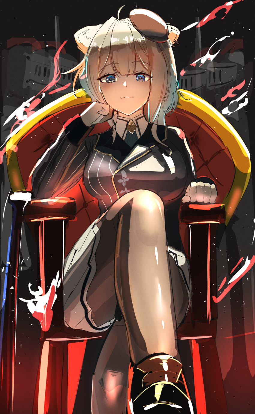 1girl, absurdres, animal_ears, black_jacket, black_pantyhose, black_shoes, commentary, crossed_legs