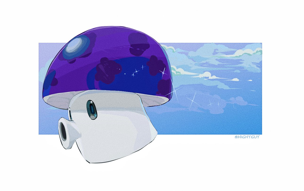 artist_name, black_eyes, blue_sky, border, clouds, commentary, english_commentary, from_side, full_body, hightguy, mushroom, no_humans, outside_border, plants_vs._zombies, puff-shroom_(plants_vs._zombies), sky, solo, sparkle, white_border