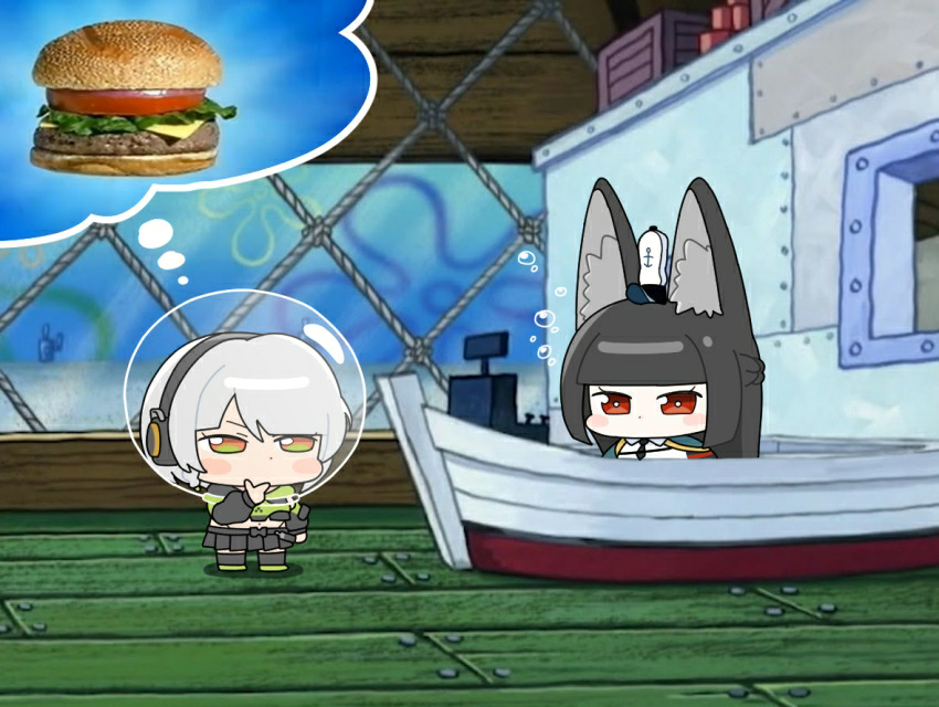 anby_demara, animal_ears, fox_ears, hoshimi_miyabi, krusty_krab, long_hair, multiple_girls, parody