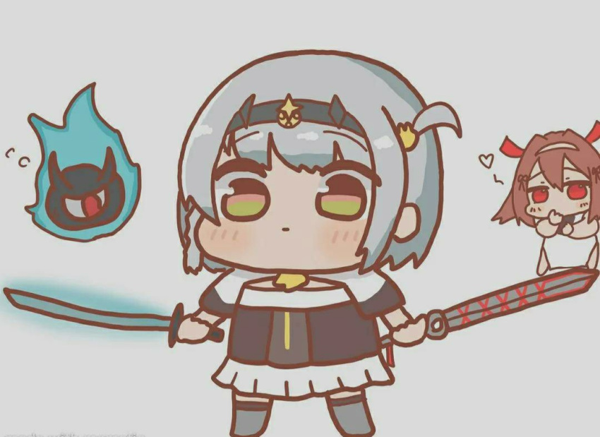 anby_demara, anby_demara_(silver_soldier), animal_ears, dual_wielding, long_hair, multiple_girls, qingming_sword, short_hair