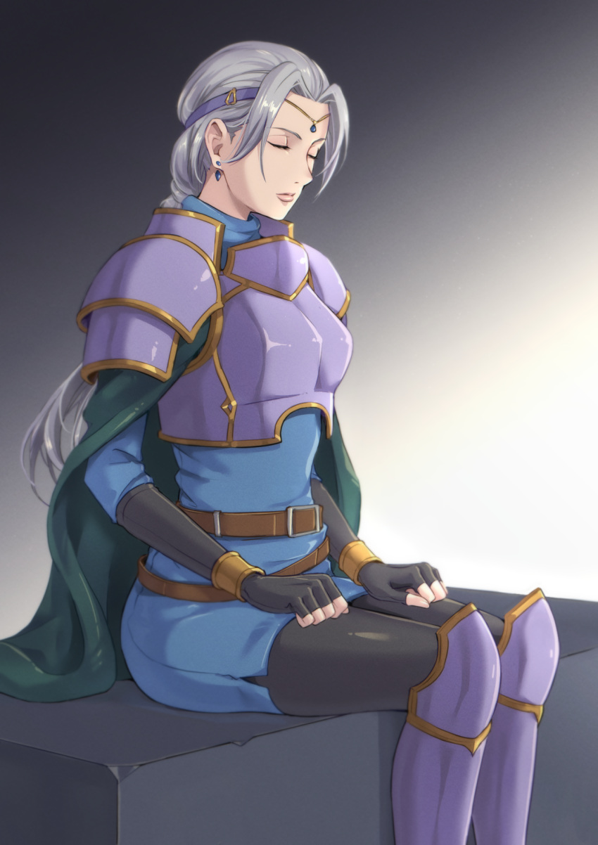 1girl, armor, black_gloves, black_pantyhose, blue_dress, breastplate, breasts, character_request