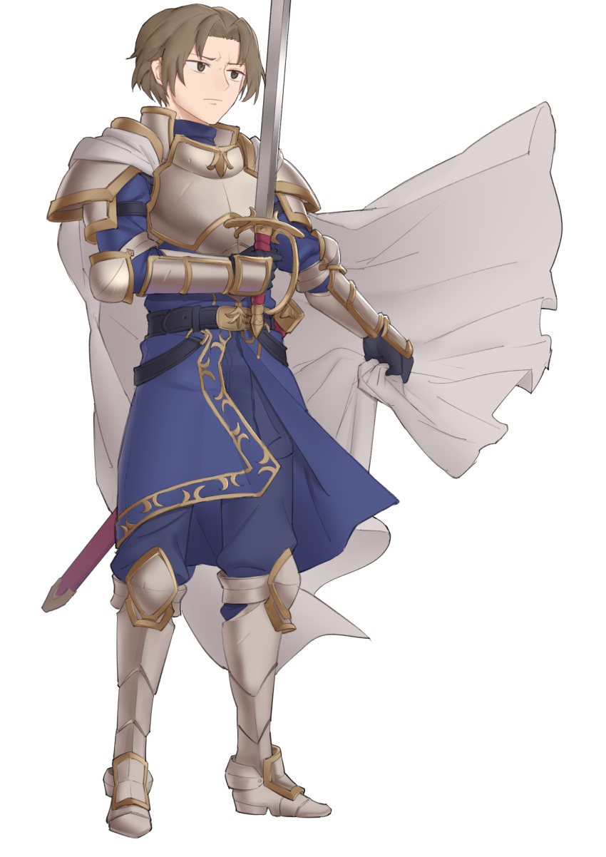 1boy, armor, arthur_(tear_ring_saga), belt, black_belt, black_gloves, blue_pants, breastplate, brown_eyes, brown_hair, cape, ebinku, full_body, gloves, highres, holding, holding_sword, holding_weapon, pants, sheath, short_hair, shoulder_armor, simple_background, solo, standing, sword, tear_ring_saga:_berwick_saga, weapon, white_background, white_cape