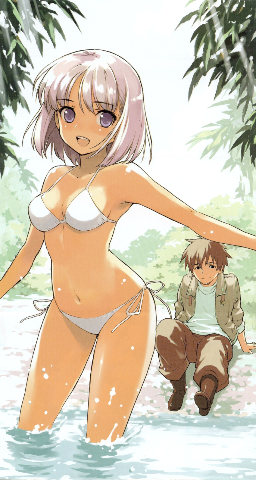 absurdres, artist_request, bikini, bob_cut, breasts, charles_karino, cleavage, fana_del_moral, highres, male, morisawa_haruyuki, outstretched_arms, pink_hair, purple_eyes, scan, short_hair, side-tie_bikini, smile, source_request, spread_arms, swimsuit, to_aru_hikuushi_e_no_tsuioku, violet_eyes, wading