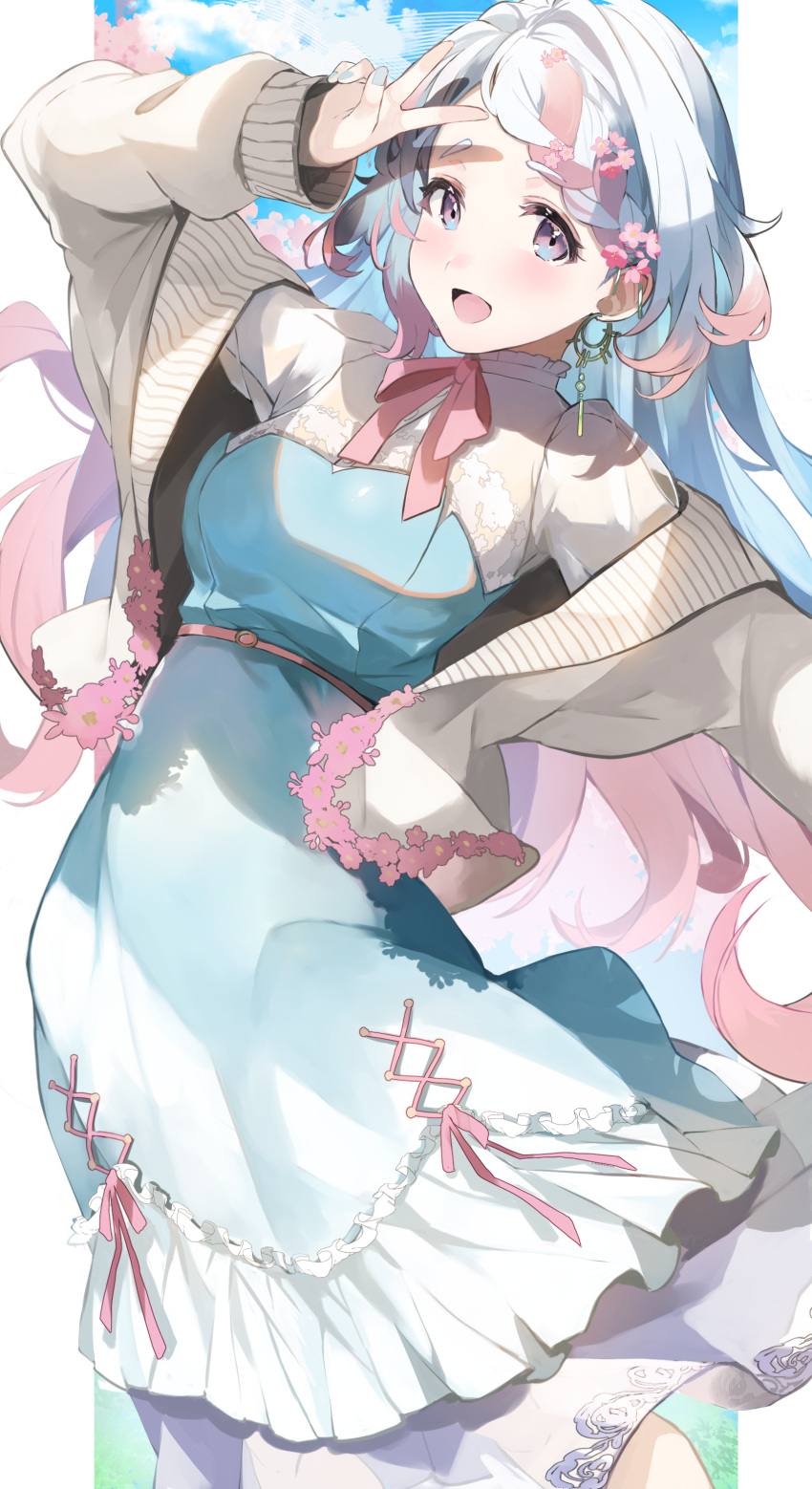 1girl, absurdres, arms_at_sides, blue_dress, blue_eyes, blue_hair, blue_sky, blush