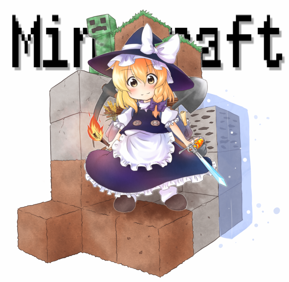 bow, bucket, coal, creeper, crossover, grass, hair_bow, hat, kirisame_marisa, long_hair, minecraft, molten_rock, shovel, smile, sword, tobi_(nekomata_homara), torch, touhou, water, weapon, witch, witch_hat, worktool, yellow_eyes
