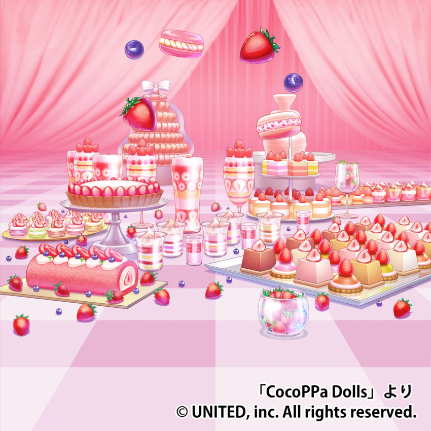 blueberry, bow, cake, cake_stand, checkered_floor, chocolate_fountain, cocoppa_dolls, copyright_notice