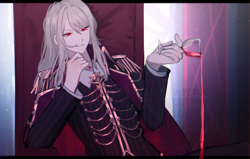 1boy, androgynous, black_coat, blood, blood_in_cup, coat, commentary_request, cup
