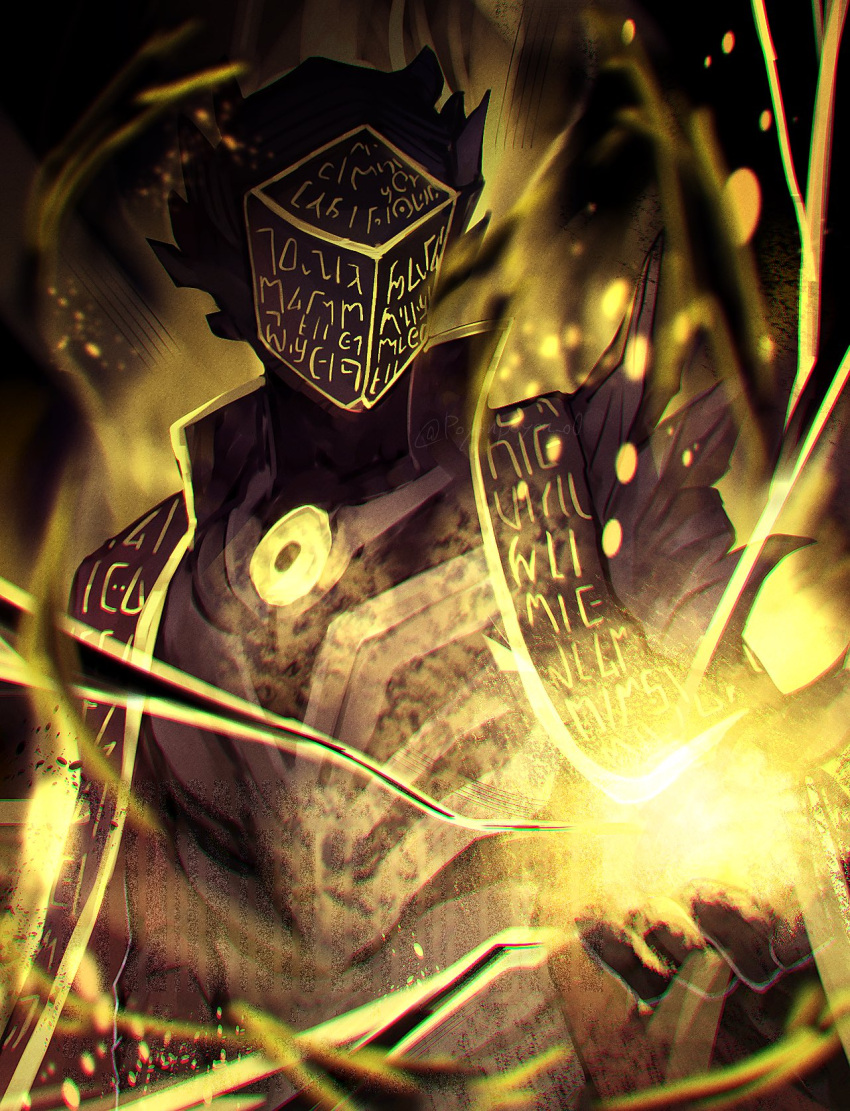 1girl, alternate_form, armor, binah_(project_moon), black_background, cape, casting_spell, commentary_request, covered_face, fur-trimmed_cape, fur_trim, high_collar, highres, lobotomy_corporation, magic, mask, project_moon, rinne_(poyonpoyon_o0), spoilers, yellow_aura