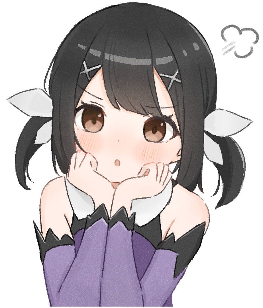 1girl, black_hair, blush, commentary_request, fate/kaleid_liner_prisma_illya, fate_(series), fujihana_(user_epad8578), hair_ornament, hands_on_own_face, looking_at_viewer, miyu_edelfelt, miyu_edelfelt_(magical_girl), open_mouth, twintails, white_background, x_hair_ornament