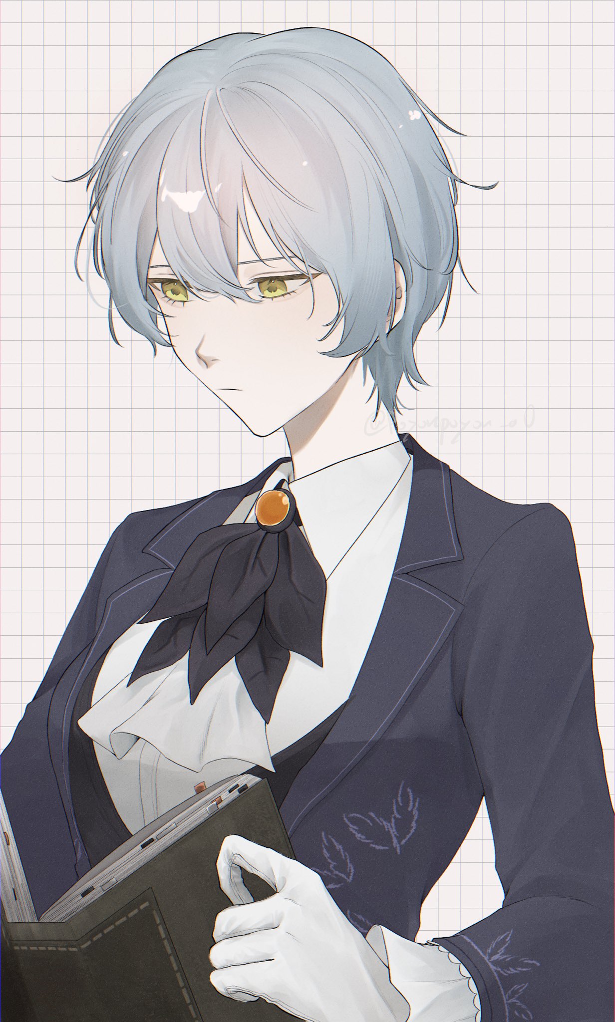 1girl, angela_(project_moon), ascot, black_suit, blue_hair, book, closed_mouth, collared_shirt