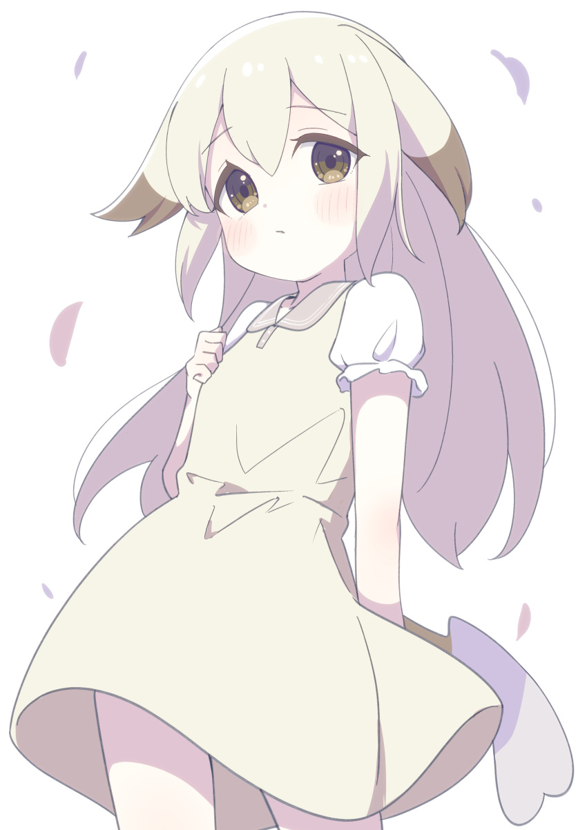 1girl, absurdres, arm_behind_back, blush, brown_dress, brown_eyes, closed_mouth, collared_dress