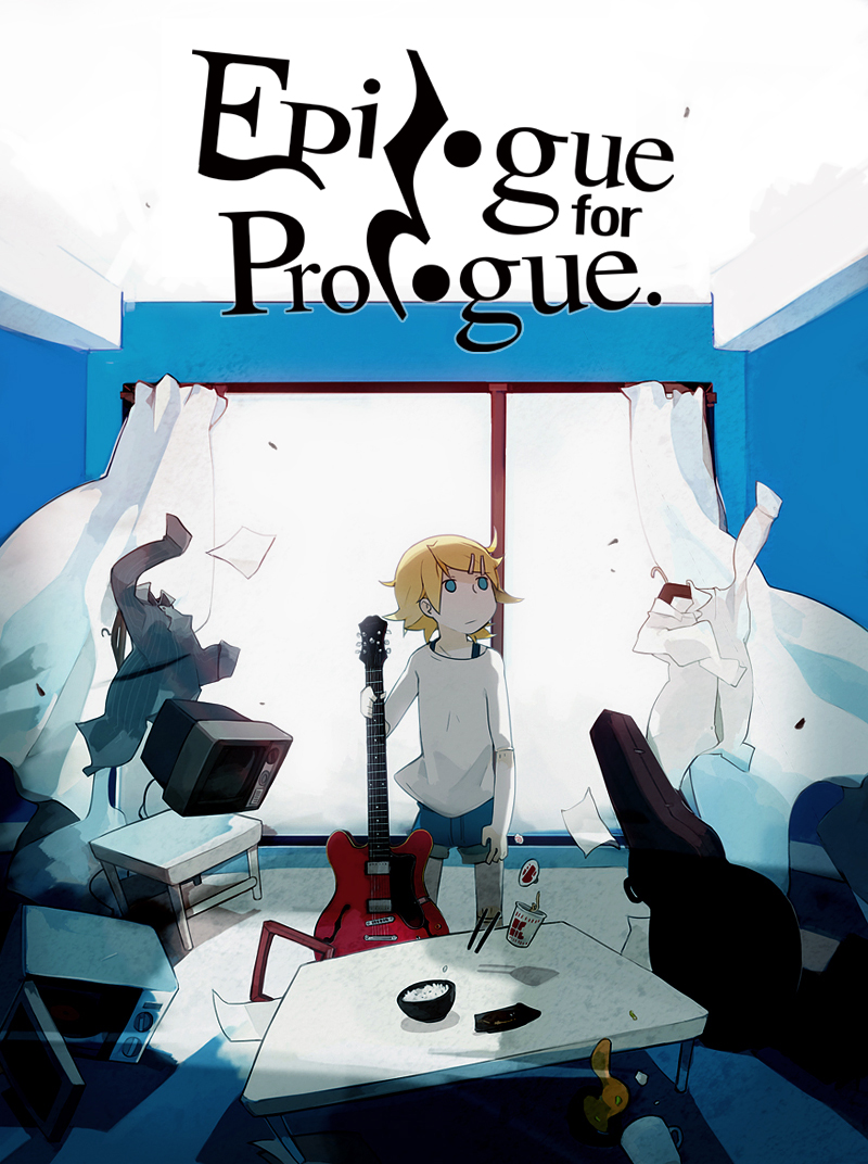 blonde_hair, bowl, epilogue_for_prologue_(vocaloid), glider, glider_(artist), guitar, guitar_case, guraida