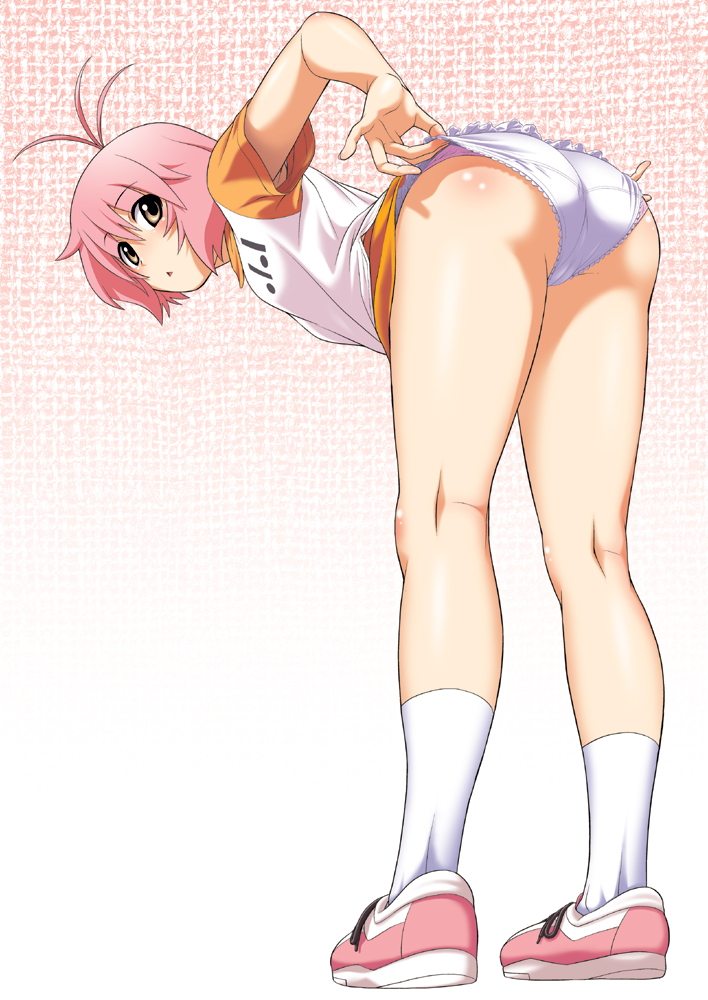 adjusting_panties, antenna_hair, ass, bent_over, blush, footwear, harukaze_asuna, kneepits
