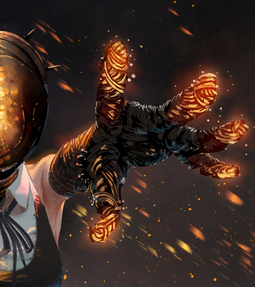 1girl, apron, black_apron, bomb_devil_(chainsaw_man), bomb_head, chainsaw_man, embers, fat_man_(bomb)