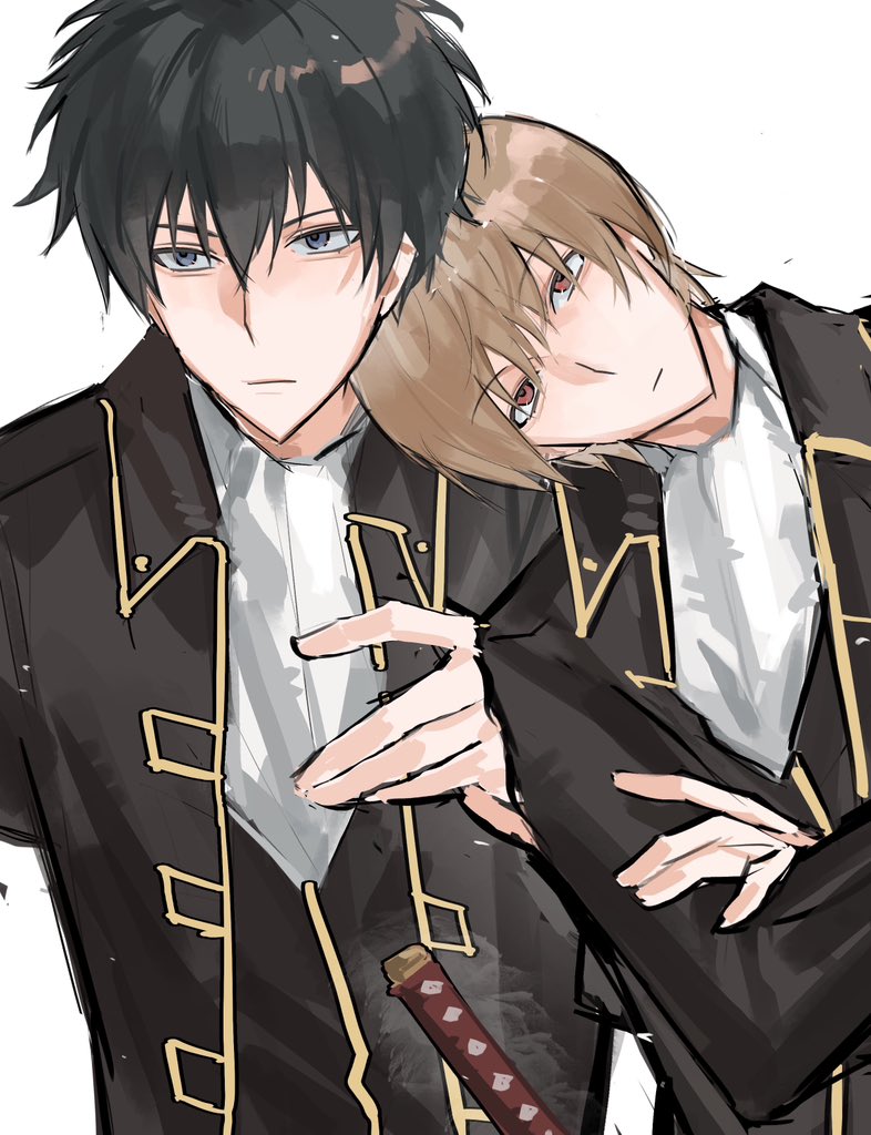 2boys, black_coat, black_hair, brown_hair, closed_mouth, coat, commentary_request, gintama