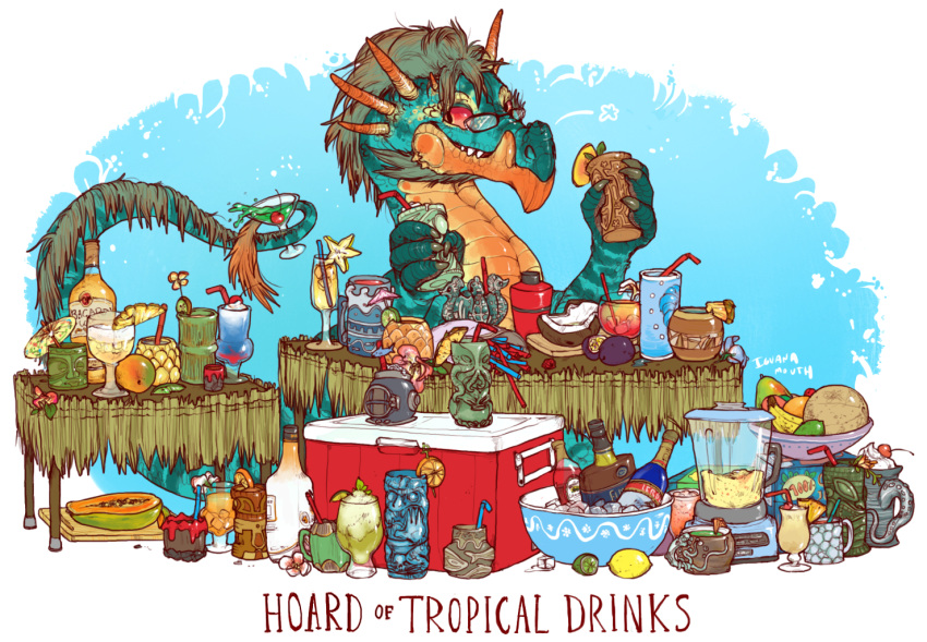 alcohol, artist_name, banana, blue_scales, border, bottle, brown_hair, cantaloupe