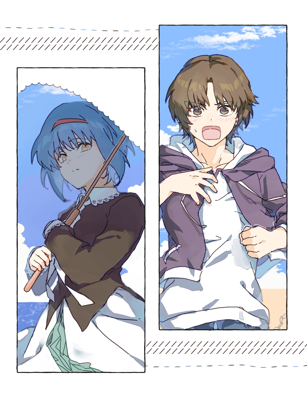 1boy, 1girl, black_hoodie, black_shirt, blue_hair, blue_sky, blush, border