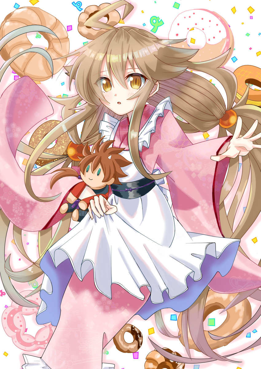 1girl, :o, absurdres, ahoge, apron_grab, blonde_hair, character_doll, clothes_grab