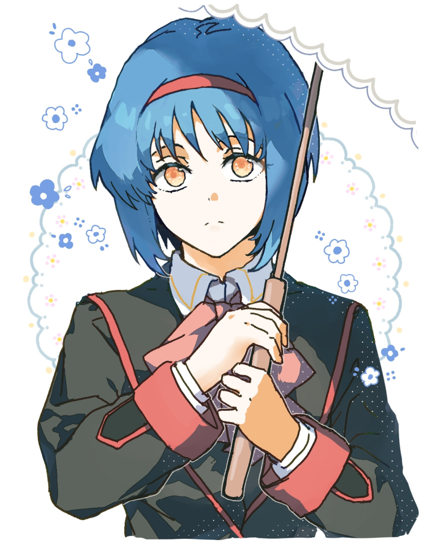 1girl, black_jacket, blue_hair, bow, bowtie, closed_mouth, commentary, cropped_torso