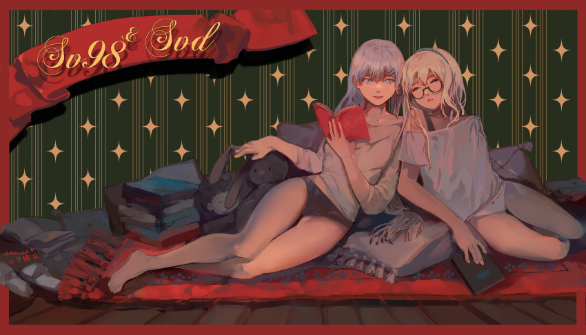 2girls, absurdres, bare_shoulders, barefoot, blonde_hair, book, commentary_request, girls_frontline