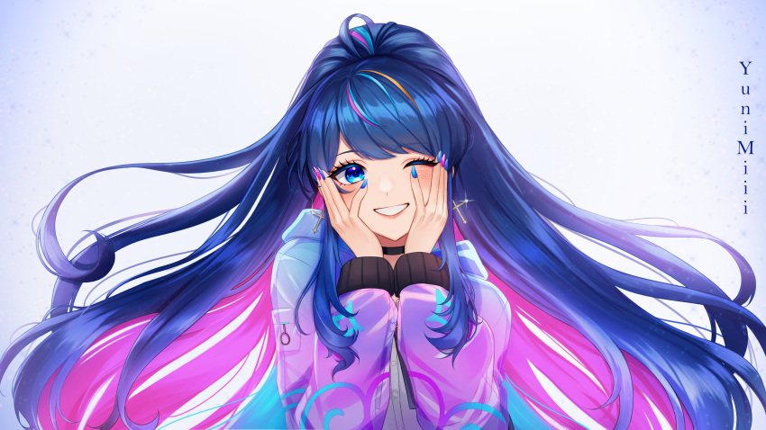 1girl, absurdres, artist_name, black_choker, blue_eyes, blue_hair, blue_nails, choker