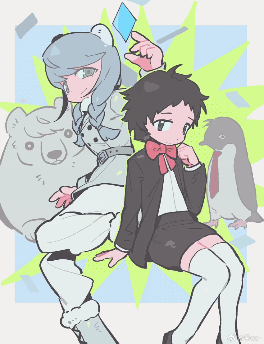 2girls, adachi_tooru, animal_ears, bear, bear_ears, bird, black_hair, black_jacket