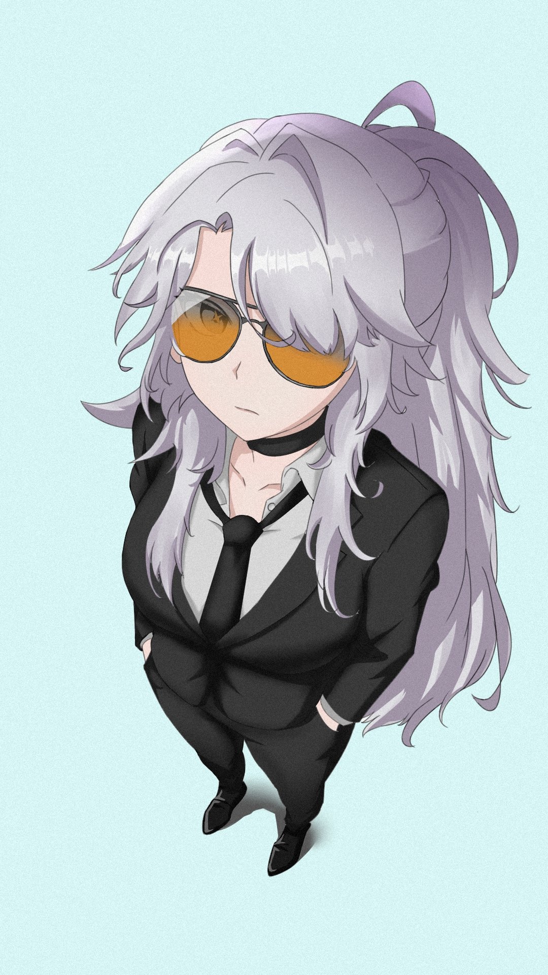 chaos_zero_nightmare, commentary, deadsyllogist, glasses, hands_in_pockets, highres, long_hair, nine_(chaos_zero_nightmare), serious, standing, suit, white_hair
