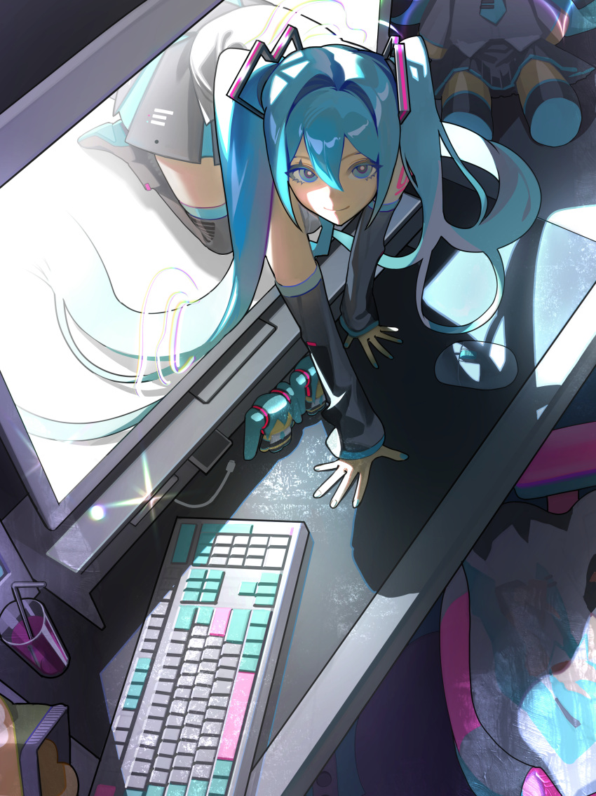 1girl, absurdres, ah_himdler, all_fours, black_sleeves, blue_eyes, blue_hair, closed_mouth