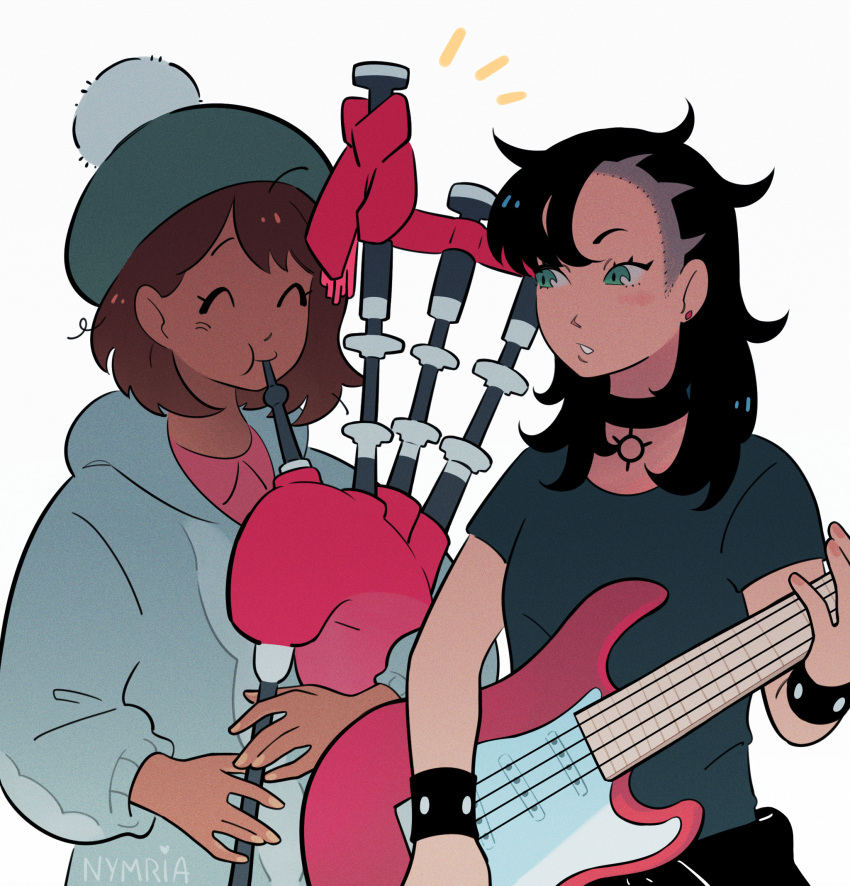 2girls, ^_^, alternate_costume, alternate_hairstyle, artist_name, asymmetrical_bangs, bagpipes, bass_guitar, black_hair, black_shirt, blush, brown_hair, closed_eyes, coat, commentary, dark-skinned_female, dark_skin, earrings, english_commentary, eyelashes, gloria_(pokemon), green_eyes, green_hat, grey_coat, hair_down, hat, highres, holding, holding_bass_guitar, holding_instrument, instrument, jewelry, long_hair, long_sleeves, marnie_(pokemon), multiple_girls, music, notice_lines, nymria, official_alternate_skin_color, playing_instrument, pokemon, pokemon_swsh, pom_pom_(clothes), shirt, short_hair, short_sleeves, simple_background, smile, t-shirt, tam_o'_shanter, undercut, upper_body, white_background