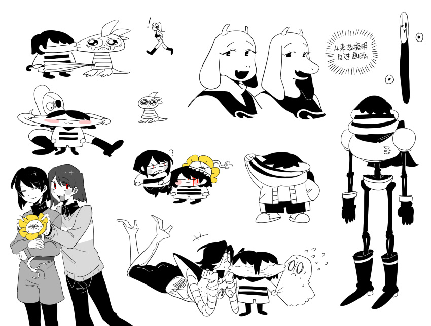 2girls, 2others, 4boys, biting, chara_(undertale), cheek_pull, collared_shirt, commentary_request, frisk_(undertale), ghost, greyscale, highres, kiss, leggings, mettaton, monochrome, monster_kid_(undertale), multiple_boys, multiple_girls, multiple_others, napstablook, open_mouth, pants, papyrus_(undertale), sans_(undertale), scared, shirt, shorts, simple_background, smile, spot_color, striped_clothes, striped_sweater, sweater, toriel, undertale, undyne, utdr_(toby_fox), w.d._gaster, wei_qie_zaisheng