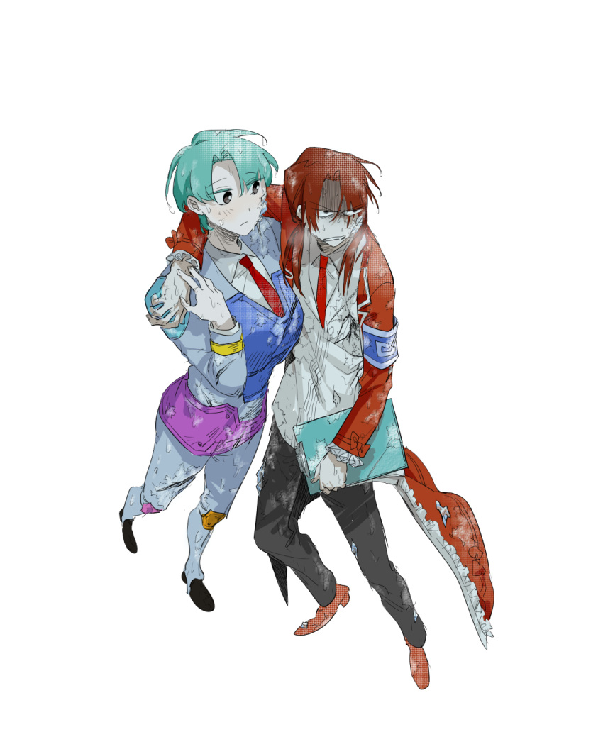 1boy, 1girl, aqua_hair, armband, black_eyes, black_pants, blue_armband, blue_jacket, blue_pants, brown_hair, brown_shoes, coat, collared_shirt, commentary_request, e.g.o_(project_moon), ecstasy_(e.g.o), employee_(project_moon), from_above, full_body, highres, jacket, knee_pads, lapels, lobotomy_corporation, long_sleeves, low_twintails, necktie, notched_lapels, nugget_(project_moon), open_mouth, pants, project_moon, red_coat, red_necktie, sanguine_desire_(e.g.o), shirt, shoes, short_hair, twintails, wei_qie_zaisheng, white_shirt, white_trim