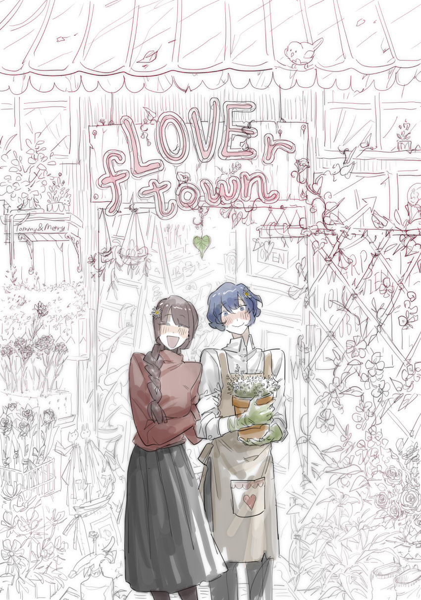 1boy, 1girl, apron, black_pants, black_skirt, blue_eyes, blue_hair, bouquet