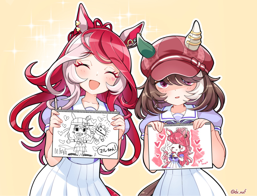 2girls, animal_ears, blush, breasts, brown_hair, closed_eyes, collarbone, commentary