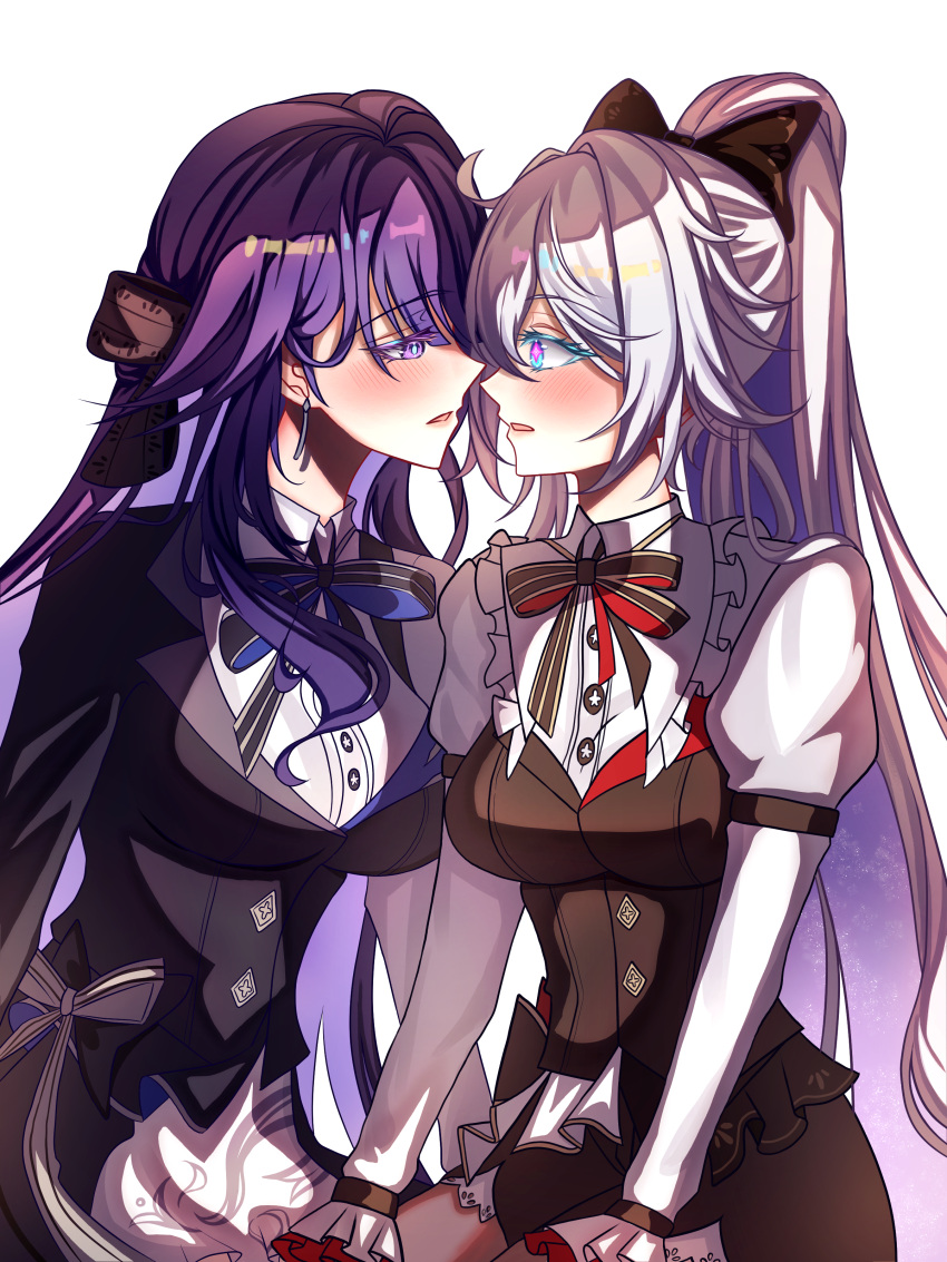 2girls, absurdres, ahoge, antenna_hair, blue_eyes, blush, bow, breasts, buttons, collared_dress, colored_eyelashes, colored_inner_hair, commentary, dress, earrings, elysium1nyou, english_commentary, frills, high_ponytail, highres, honkai_(series), honkai_impact_3rd, imminent_kiss, jewelry, kiana_kaslana, kiana_kaslana_(ba-dum!_fiery_wishing_star), large_breasts, long_hair, looking_at_another, medium_breasts, multicolored_hair, multiple_girls, official_alternate_costume, parted_bangs, parted_lips, ponytail, purple_hair, raiden_mei, raiden_mei_(xentinel:_dawnbearing_crescent), single_earring, very_long_hair, vest, violet_eyes, white_hair, yuri