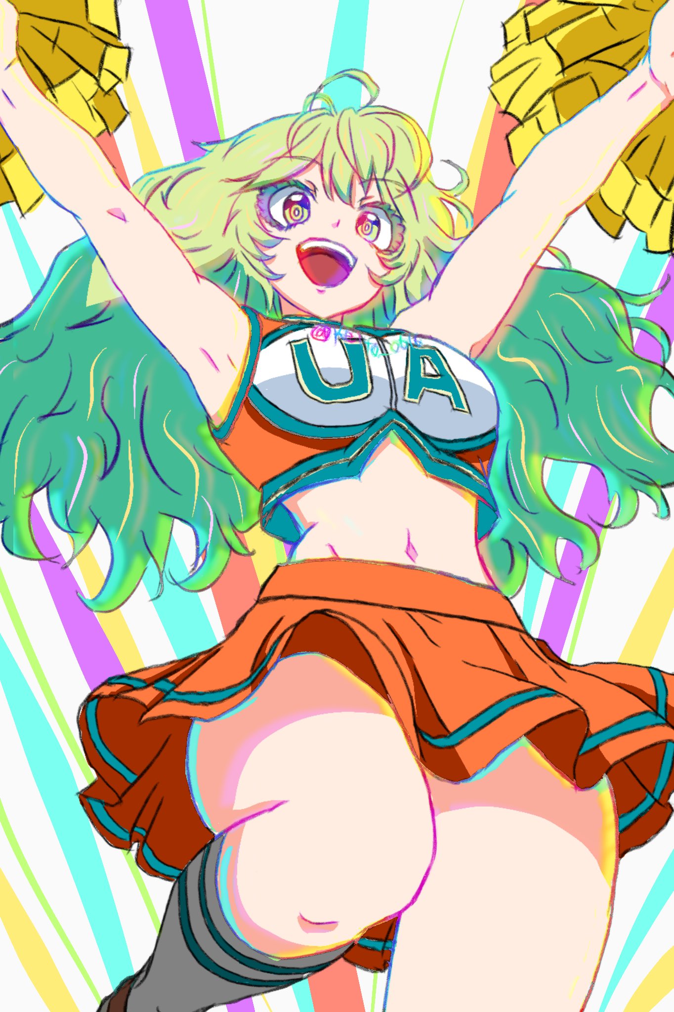 1girl, armpits, boku_no_hero_academia, breasts, cheerleader, colored_eyelashes, colorful_background, commentary