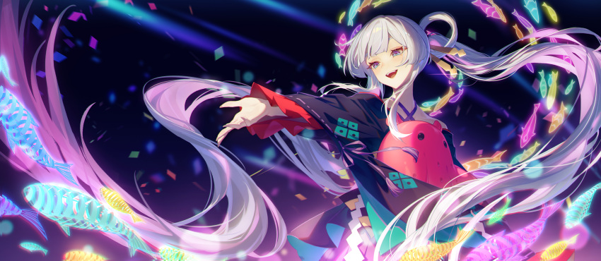 1girl, absurdres, animal_ears, baiyevivian, black_background, blue_hoodie, chinese_commentary, cho_kaguya-hime!, colored_inner_hair, commentary_request, crescent, crescent_hair_ornament, fish, forehead_jewel, grey_hair, hair_ornament, hair_rings, hair_stick, highres, hood, hoodie, japanese_clothes, kimono, lop_rabbit_ears, multicolored_hair, octopus, open_mouth, outstretched_arm, purple_hair, purple_kimono, rabbit_ears, red_kimono, runami_yachiyo, sea_slug, simple_background, solo, teeth, upper_body, upper_teeth_only, white_hair