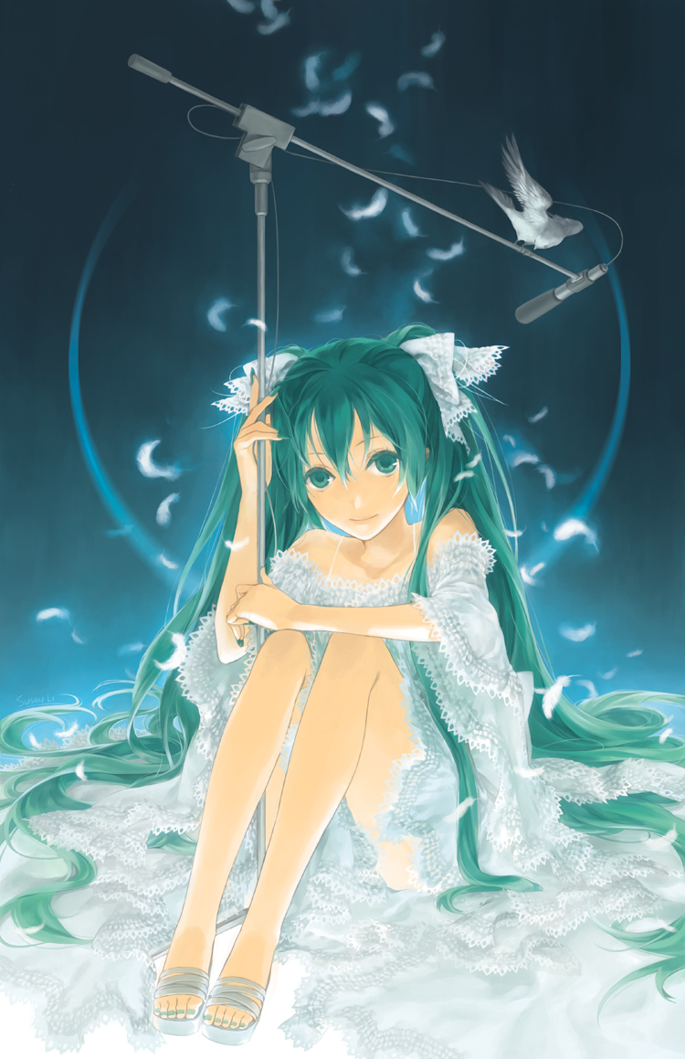 aqua_hair, bare_shoulders, bird, dress, feathers, hair_ribbon, hatsune_miku, long_hair