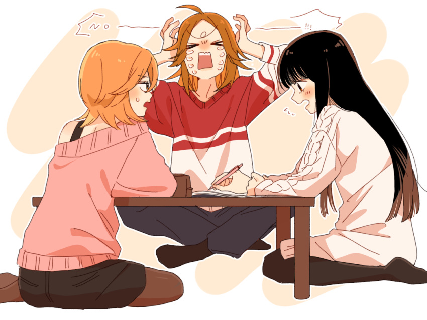 >_<, 3girls, ahoge, black_hair, black_pantyhose, black_socks, blunt_bangs, blush