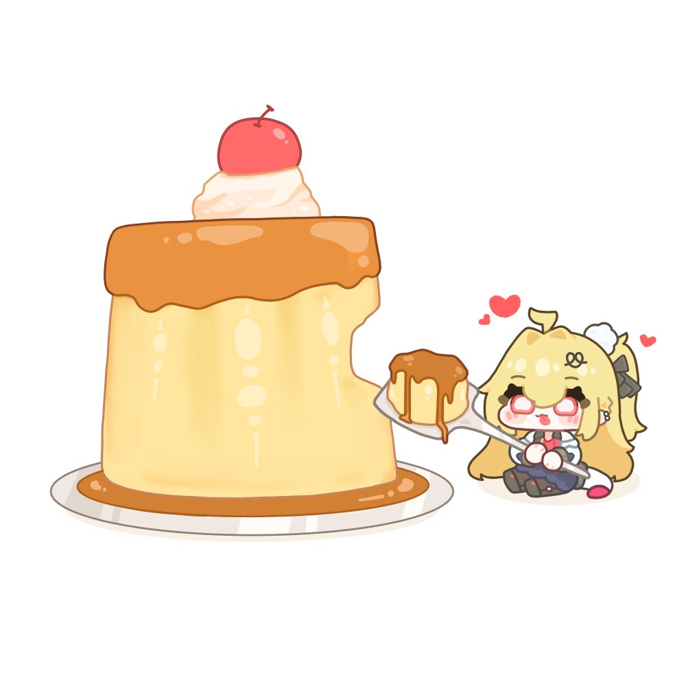 1girl, ahoge, blonde_hair, blush, cissia_(zenless_zone_zero), commentary, english_commentary, food, hair_between_eyes, hair_ornament, heart, holding, holding_spoon, kiwichip, long_hair, mini_person, open_mouth, plate, pom_pom_(clothes), pom_pom_hair_ornament, pudding, red_eyes, simple_background, sitting, solo, spoon, white_background, zenless_zone_zero