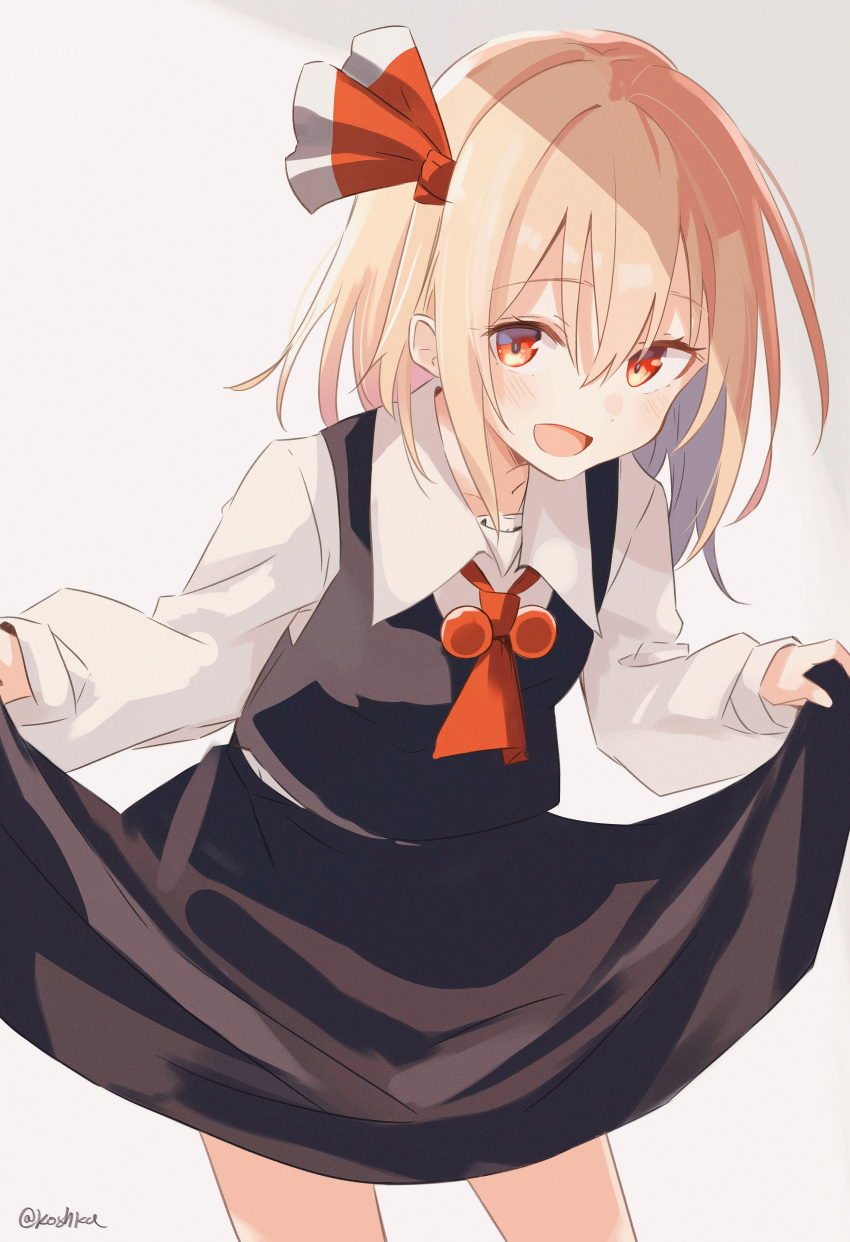 1girl, absurdres, ascot, black_dress, blonde_hair, cowboy_shot, dress, hair_between_eyes, highres, koshka_pic, light_blush, long_sleeves, looking_at_viewer, medium_hair, open_mouth, pinafore_dress, red_ascot, red_eyes, rumia, shirt, sidelocks, simple_background, skirt_hold, sleeveless, sleeveless_dress, smile, solo, touhou, twitter_username, white_background, white_shirt