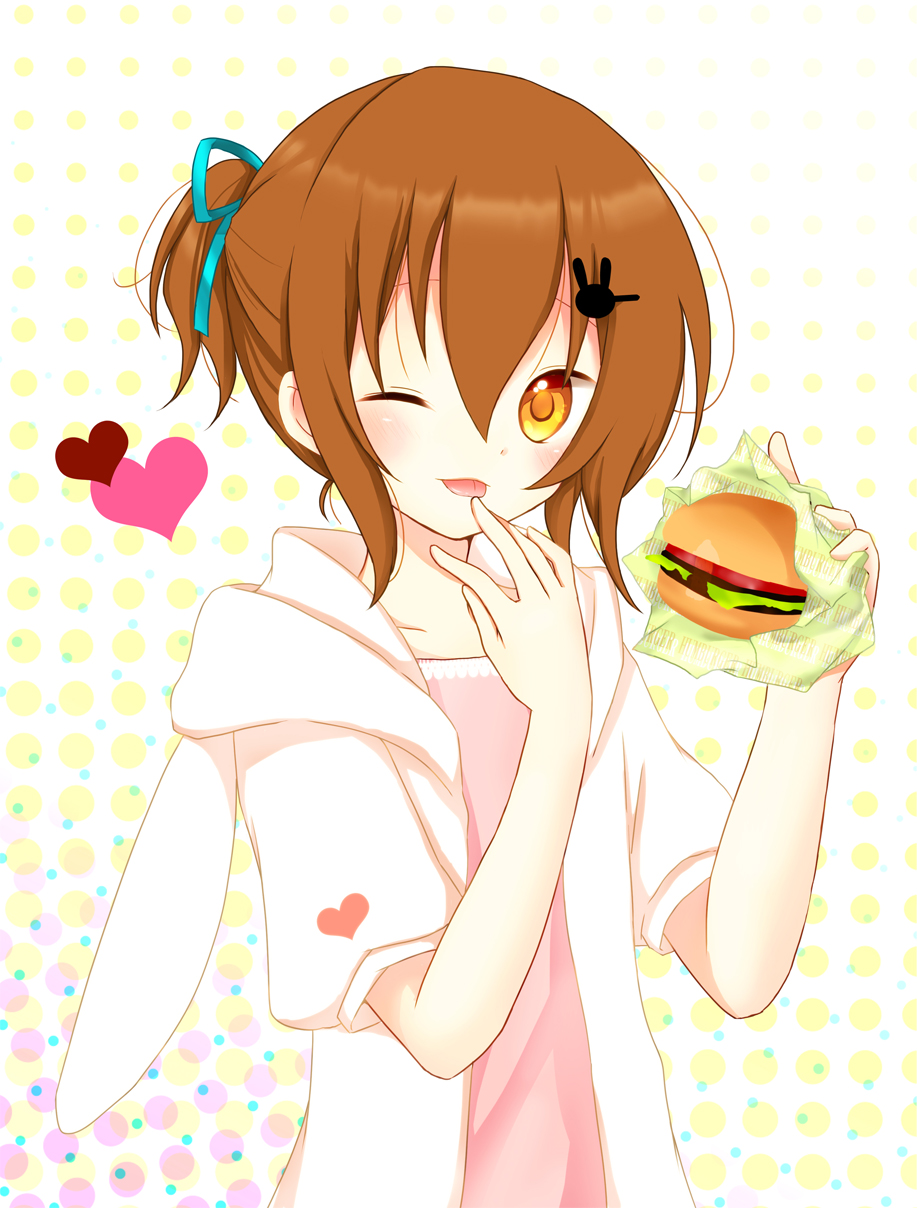 ;p, akane_(goma), blush, brown_hair, finger_licking, food, goma_(11zihisin), hair_ornament, hair_ribbon, hairclip, hamburger, heart, highres, hoodie, licking, male, original, ribbon, short_hair, solo, tongue, trap, wink, yellow_eyes