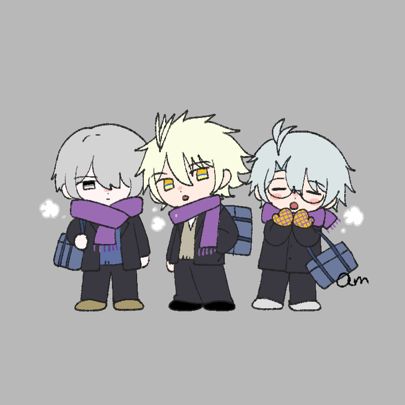 3boys, alternate_costume, alternate_form, am_starrail, antenna_hair, bag, black_jacket, black_pants