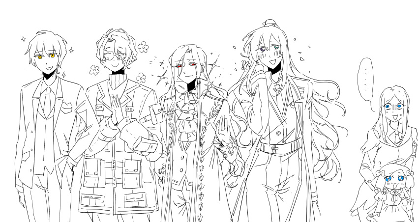 1girl, 1other, 3boys, :3, absurdres, ascot, belt, bishounen