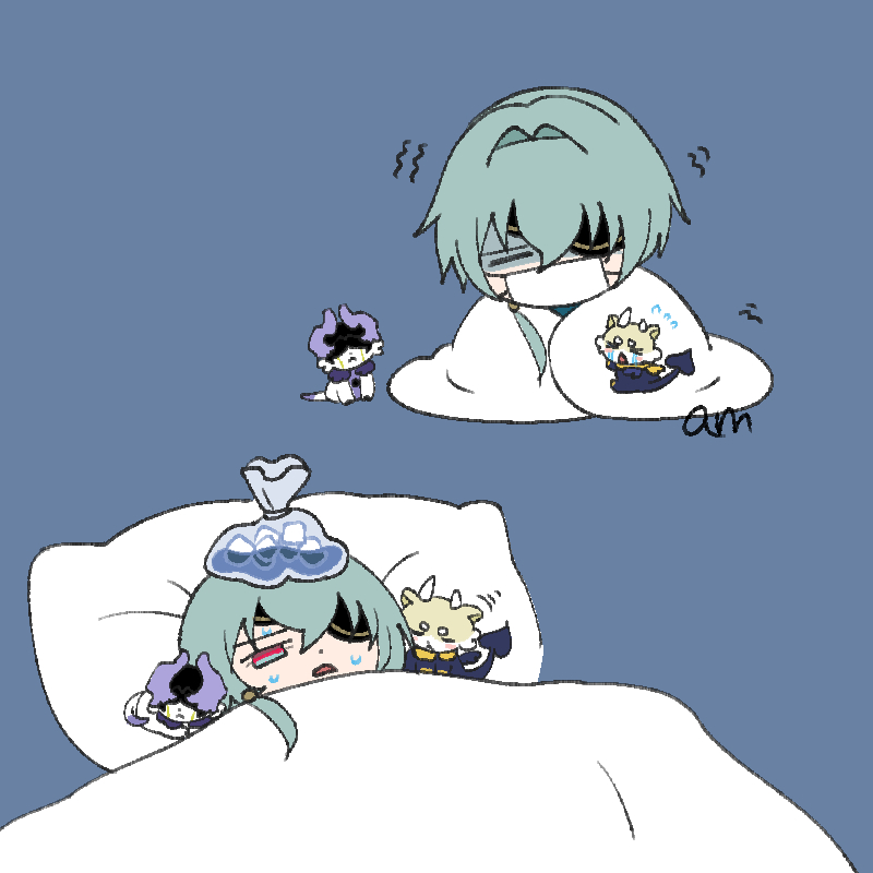 1boy, am_starrail, anaxa_(honkai:_star_rail), animal_ears, animalization, aqua_hair, black_fur, blanket