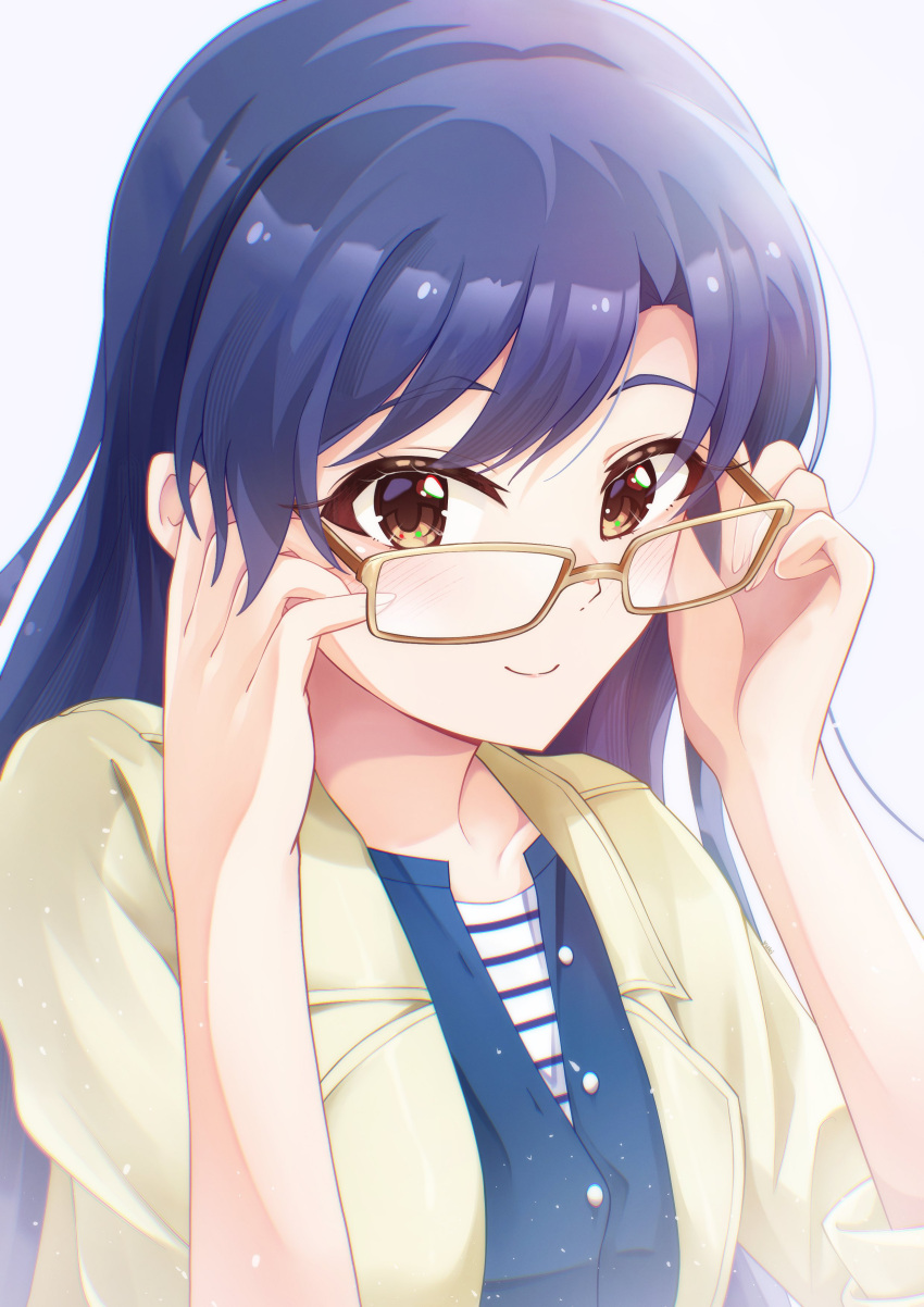 1girl, absurdres, adjusting_eyewear, blouse, blue_hair, brown_eyes, closed_mouth, commentary_request