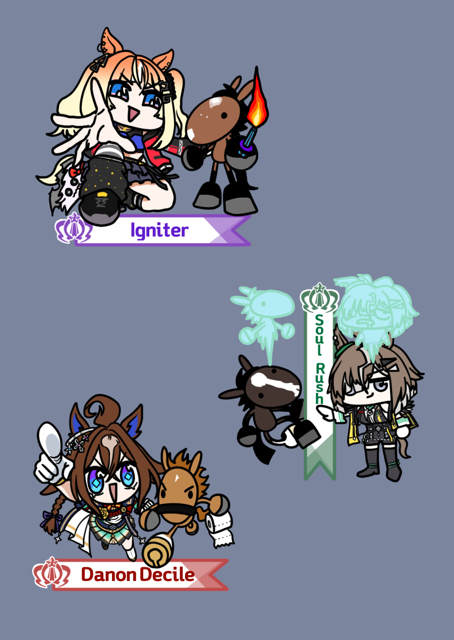 3girls, ahoge, almondjelly, animal_ears, blue_eyes, bright_pupils, brown_hair, commentary_request