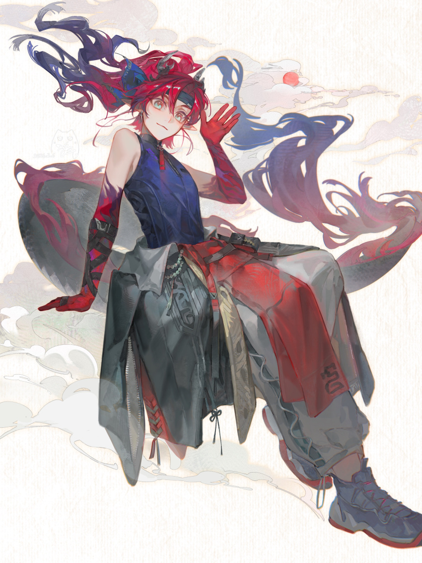 1boy, absurdres, arknights, arm_tattoo, bare_shoulders, black_shoes, blue_shirt, chinese_commentary
