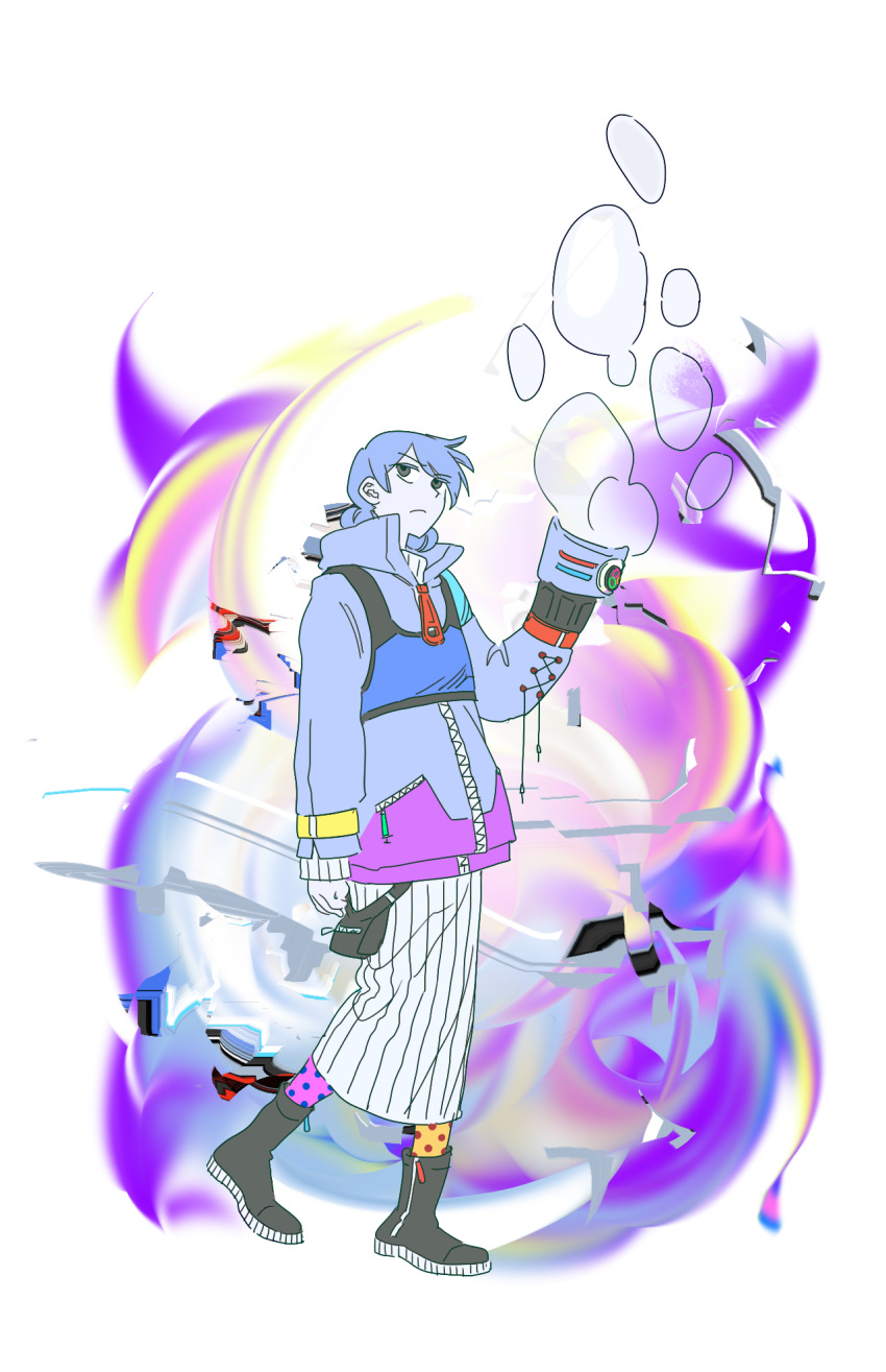 1girl, blue_hair, blue_jacket, bubble, bubble_gun, closed_mouth, commentary_request, double_bun, e.g.o_(project_moon), ecstasy_(e.g.o), employee_(project_moon), expressionless, full_body, hair_bun, highres, jacket, lobotomy_corporation, long_skirt, nugget_(project_moon), pleated_skirt, project_moon, simple_background, skirt, solo, wei_qie_zaisheng, white_background, white_skirt